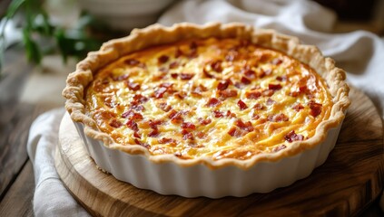 Baked savory tart with crispy crust and flaky bacon