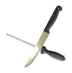 Single silver kitchen knife and one sharpening steel or honing steel with black handles isolated on white background with clipping path