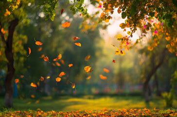 Beautiful landscape . Colorful foliage in the park. Falling leaves natural background .