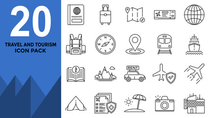 20 Travel and Tourism Icons, Vacation, Transport, and Adventure Vector Pack