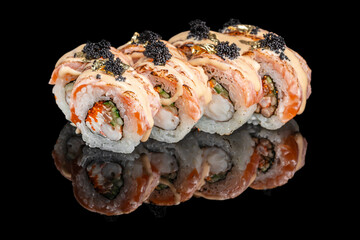 Luxurious sushi rolls garnished with black caviar, gold leaf, and creamy sauce, artistically...
