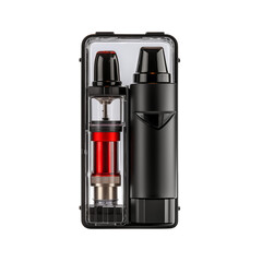 Sleek black vape device with transparent red cartridge and black mouthpiece in protective case