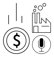 Dollar sign on coin, factory with chimneys and bubbles, microphone symbol. Ideal for finance, industry, technology, innovation, manufacturing, digital economy simple landing page