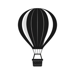 Fototapeta premium A graphic black & white hot air balloon illustration with a striped design and a basket below. White background