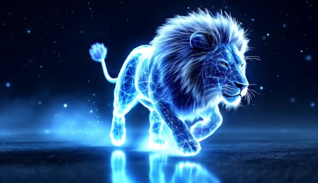 Majestic blue lion walks powerfully with glowing neon digital design style