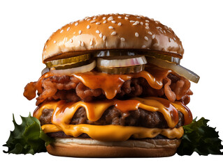 Indulge in this juicy gourmet burger piled high with crispy bacon, melted cheese, and pickles.
