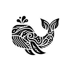 Modern tribal whale head with tail motifs