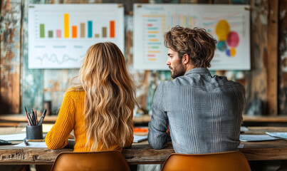 Young business team analyzing colorful marketing charts and data graphs on office wall brainstorming strategy meeting