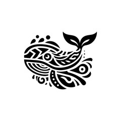 Modern tribal whale head with tail motifs