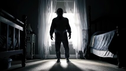 A shadowy figure in a dark bedroom