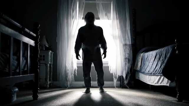 A shadowy figure in a dark bedroom