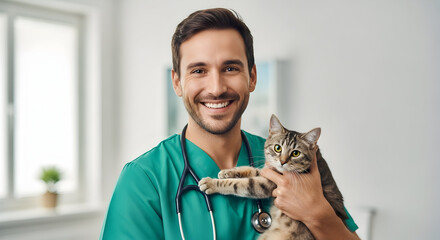 Veterinarian Holding Cat in Clinic with Warm Smile Showing Human-Animal Connection and Care