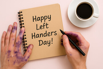 Notebook message celebrating left handers with ink-stained hands and black pen near coffee cup on pastel background left hander's day