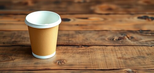 A disposable coffee cup sits on a rustic wooden surface, coffee, beverage