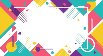 Abstract geometric frame background, flat vector design with triangles, circles, and lines forming a border, white center, modern and playful colors
