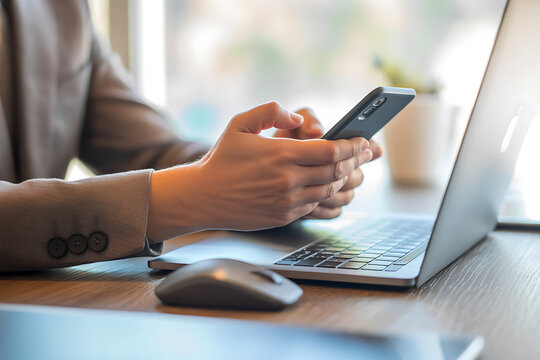 Person using smartphone and laptop computer on wooden desk with mouse hands mobile phone