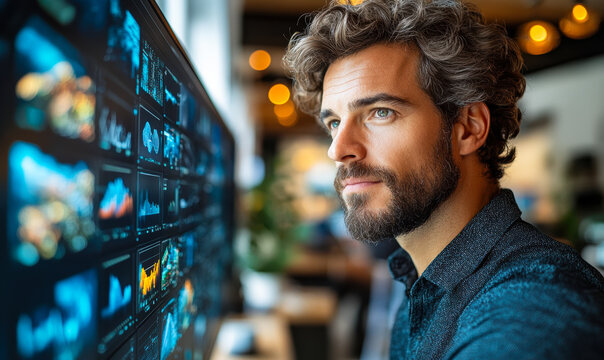 Thoughtful man analyzing data charts and graphs on digital screen in modern office environment, business analytics concept