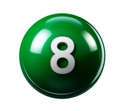 Shiny green billiard ball with silver number 8 captures luck and fortune