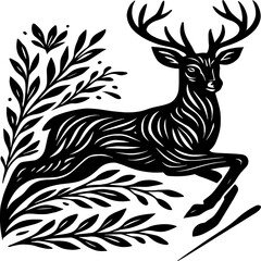 An elegant black-and-white silhouette of a leaping deer surrounded by intricately designed leaves and branches. With extended legs and prominent antlers, the dynamic pose emphasizes motion, freedom, a