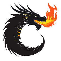 Fototapeta premium A stylized dragon breathes fire, its dark body forming a loop. The flames are vivid orange and yellow
