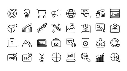 Collection of marketing and SEO hand drawn line icons for digital strategy success
