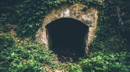 Fototapeta premium Dark archway entrance hidden amongst overgrown vegetation.