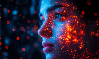 Close-up portrait of woman face with glowing digital data dots in blue and orange light, AI technology concept of human and machine interaction in software development and innovation