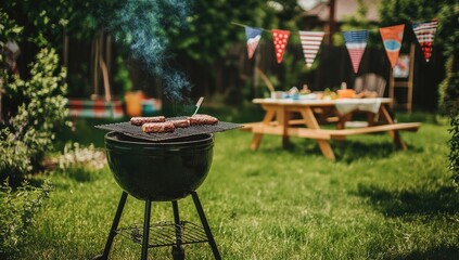 Backyard BBQ with patriotic decorations