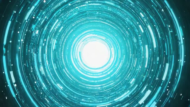 A glowing cyan digital vortex creating a futuristic tunnel. Sci-fi concept of a time travel portal or data wormhole.