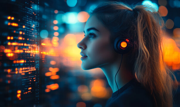 Young woman wearing headphones analyzing digital data stream on futuristic transparent screen with glowing interface and bokeh lights in dark environment technology concept - Powered by Adobe