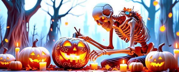 Minimalist boho Halloween decor with vintage pumpkins and mystical skull. Skeleton Carving Pumpkin in Haunted Forest During Dark Halloween Night