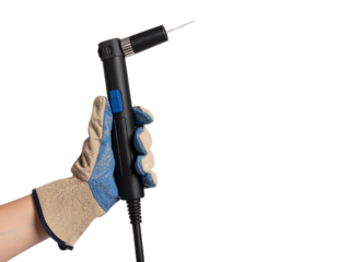 Hand holding welding torch with protective glove isolated on white background