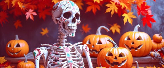 Minimalist boho Halloween decor with vintage pumpkins and mystical skull. Spooky Skeleton with Colorful Pumpkins and Autumn Leaves for Halloween