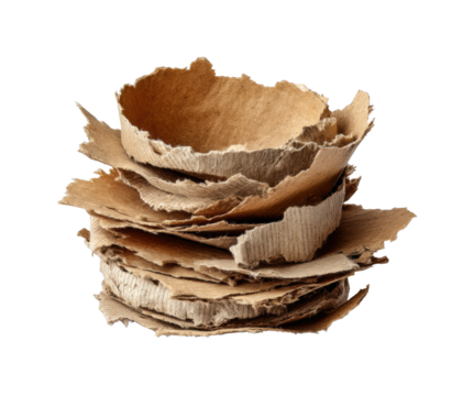 Recycled paper waste stacked artistically in natural light abstract isolated on transparent background, png