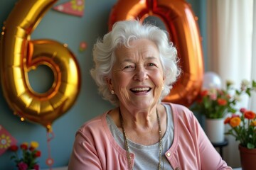 A smiling old woman celebrates her 60th birthday in a room filled with balloons, flowers, and large "60" numbers behind her