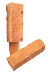 Side view of three cracked old red or orange bricks in stack isolated with clipping path in png file format