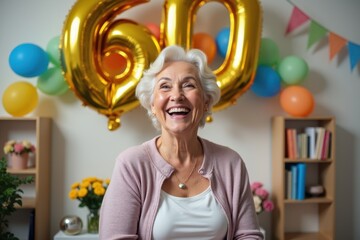 A cheerful elderly woman laughs in a festively decorated room, surrounded by balloons, flowers, and giant "60" numbers