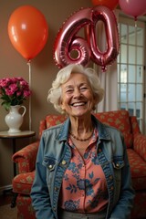 A cheerful elderly woman laughs in a festively decorated room, surrounded by balloons, flowers, and giant "60" numbers
