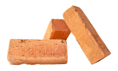 Side view of three cracked old red or orange bricks in stack isolated with clipping path in png file format