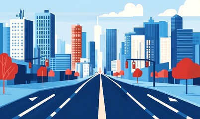 Obraz premium Modern Urban Cityscape Illustration with Wide Road and High-Rise Buildings in Bold Blue and Red Palette