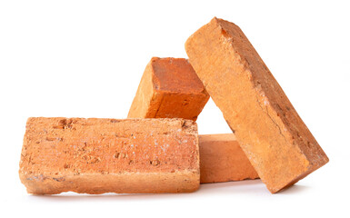Side view of four cracked old red or orange bricks in stack isolated on white background with clipping path