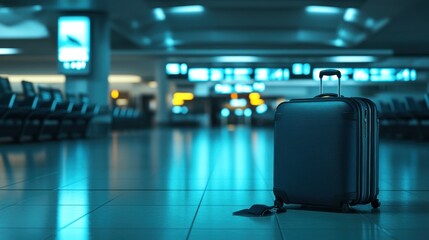 Dark blue suitcase in airport terminal at night.