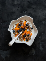 Delicious healthy breakfast - greek yogurt with granola, apricots and blueberries in a ceramic bowl on a dark background