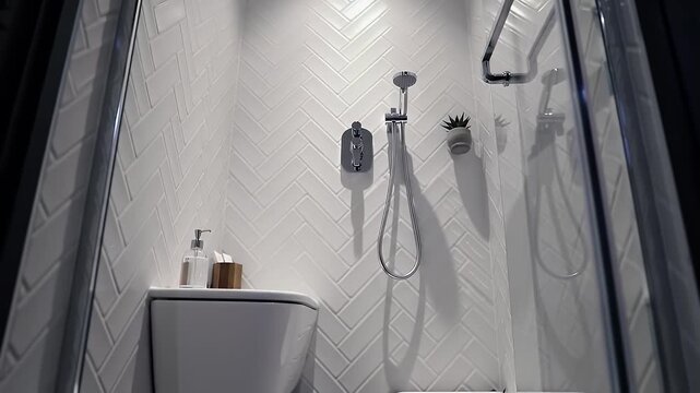 Modern Bathroom Interior With White Herringbone Tiles and Silver Shower Fixtures Under Soft Lighting
