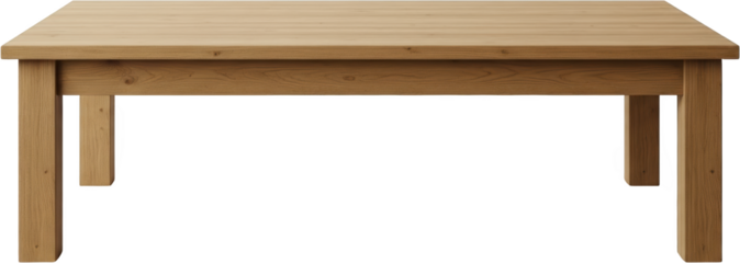A simple wooden dining table with visible grain viewed from the front furniture transparent background