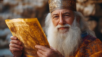 Elderly man in historical attire holding an ancient manuscript.