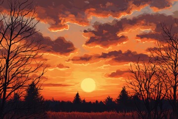 Sunset over a field.  Silhouette trees frame a vibrant orange and yellow sunset