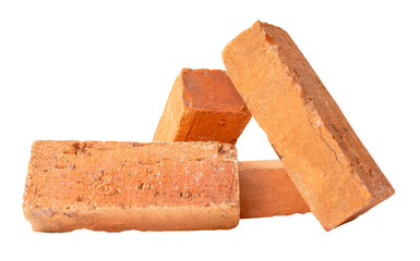 Side view of four cracked old red or orange bricks in stack isolated with clipping path in png file format
