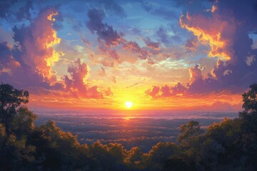 Panoramic sunset over a landscape. Lush forest at horizon. Vibrant colors