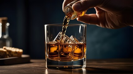 A hand pouring whiskey into a crystal glass